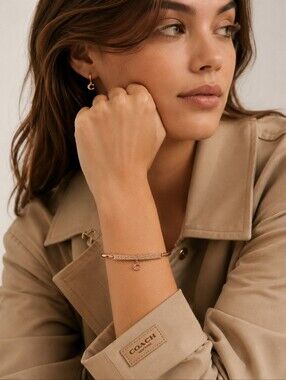 NWT COACH Signature Pave Bar C Charm Hinged Rosegold Bangle Bracelet St. 91429